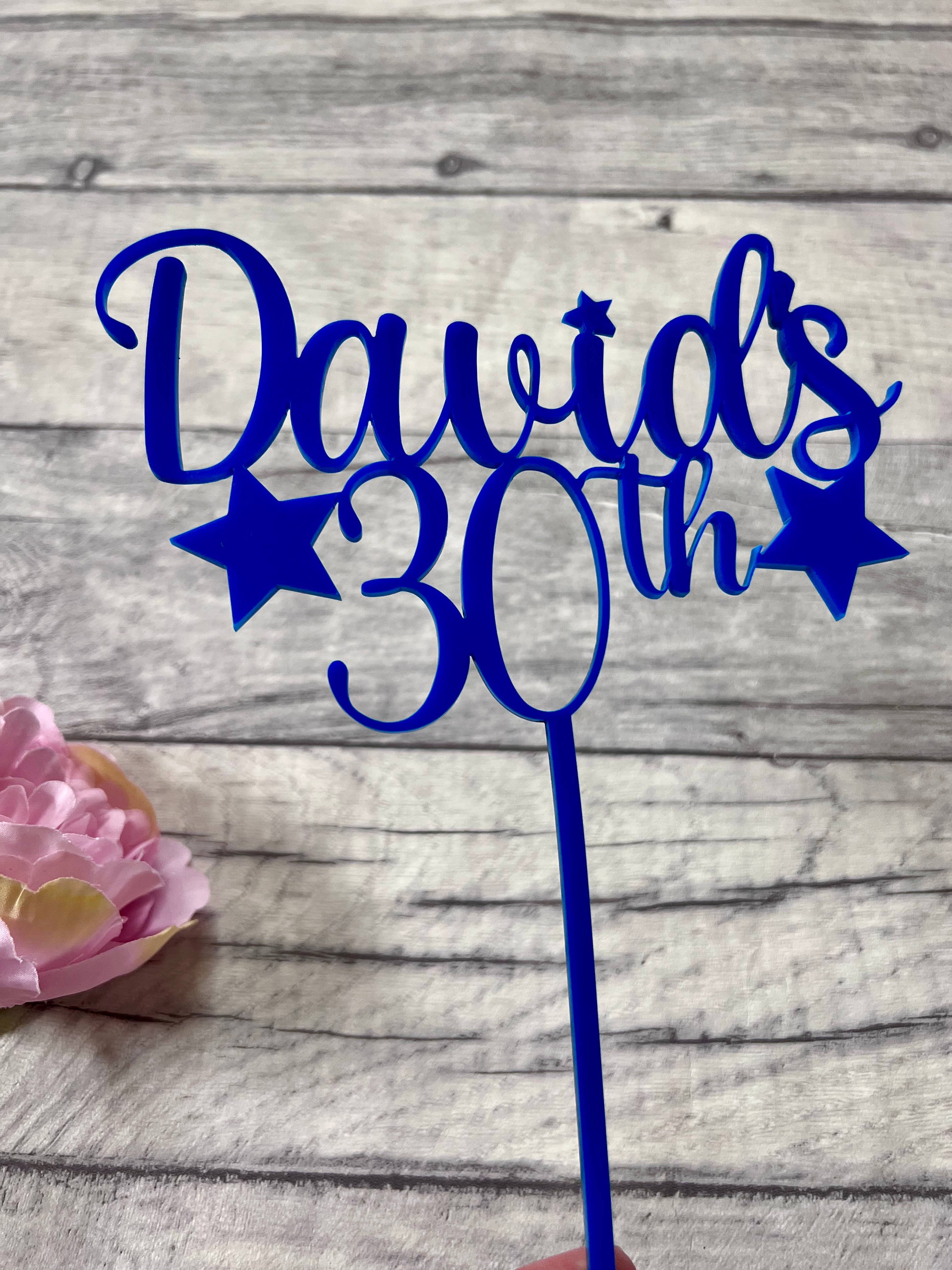 Personalised blue birthday cake topper with custom name and age